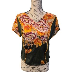 Elegant Floral V-Neck Blouse - Dark Green and Orange